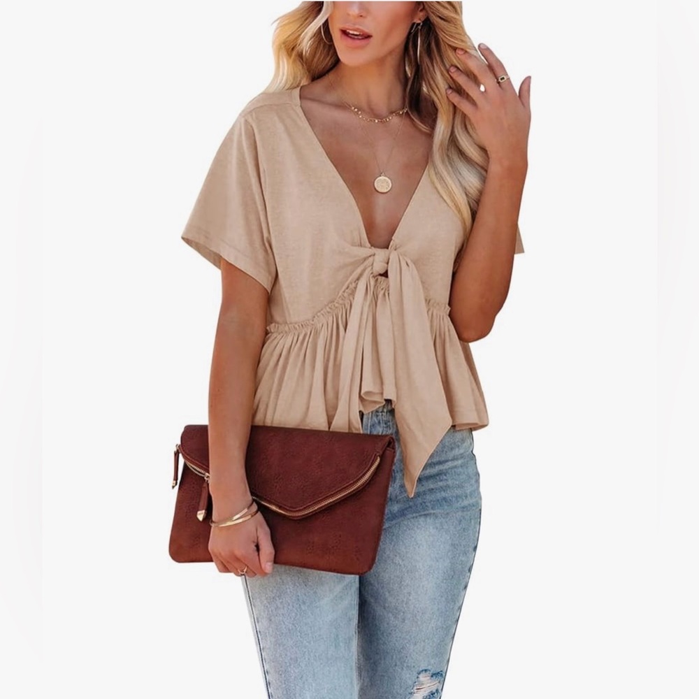 Boho Short Sleep Plunge Neckline Tie Front Ruffle Crop Hem. Apricot Medium NWT